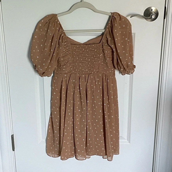 Abercrombie & Fitch Tan Polka Dot Ruched Puff Sleeve Mini Dress 29690 - Picture 9 of 16